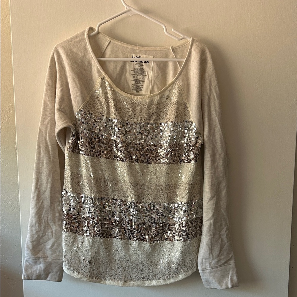 Express Silver Sequin Long Sleeve Top